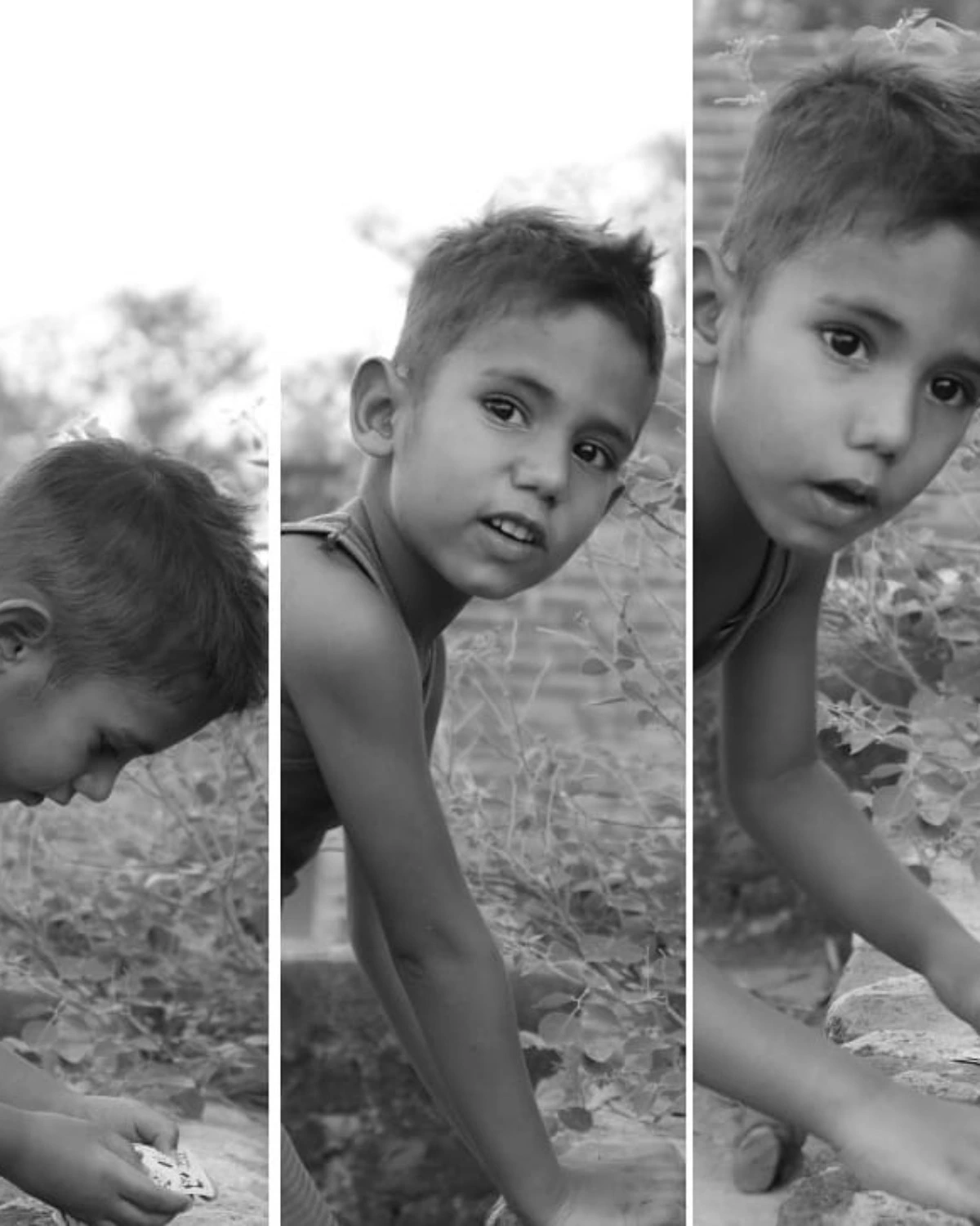 Black-and-white triptych of a boy crouched outdoors, playing with cards