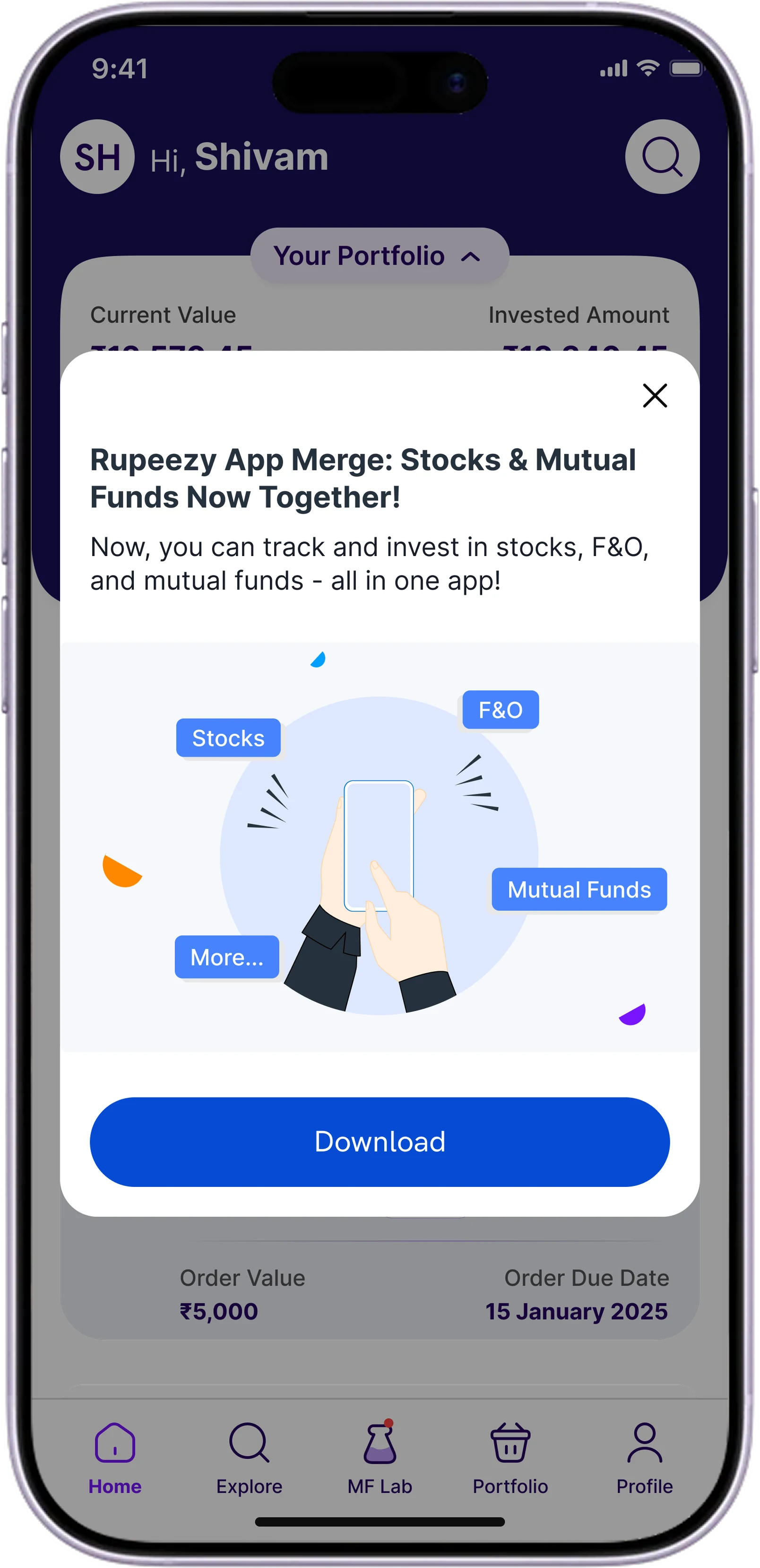A message inside the old Investeezy app announcing the move, with a close button and a Download button