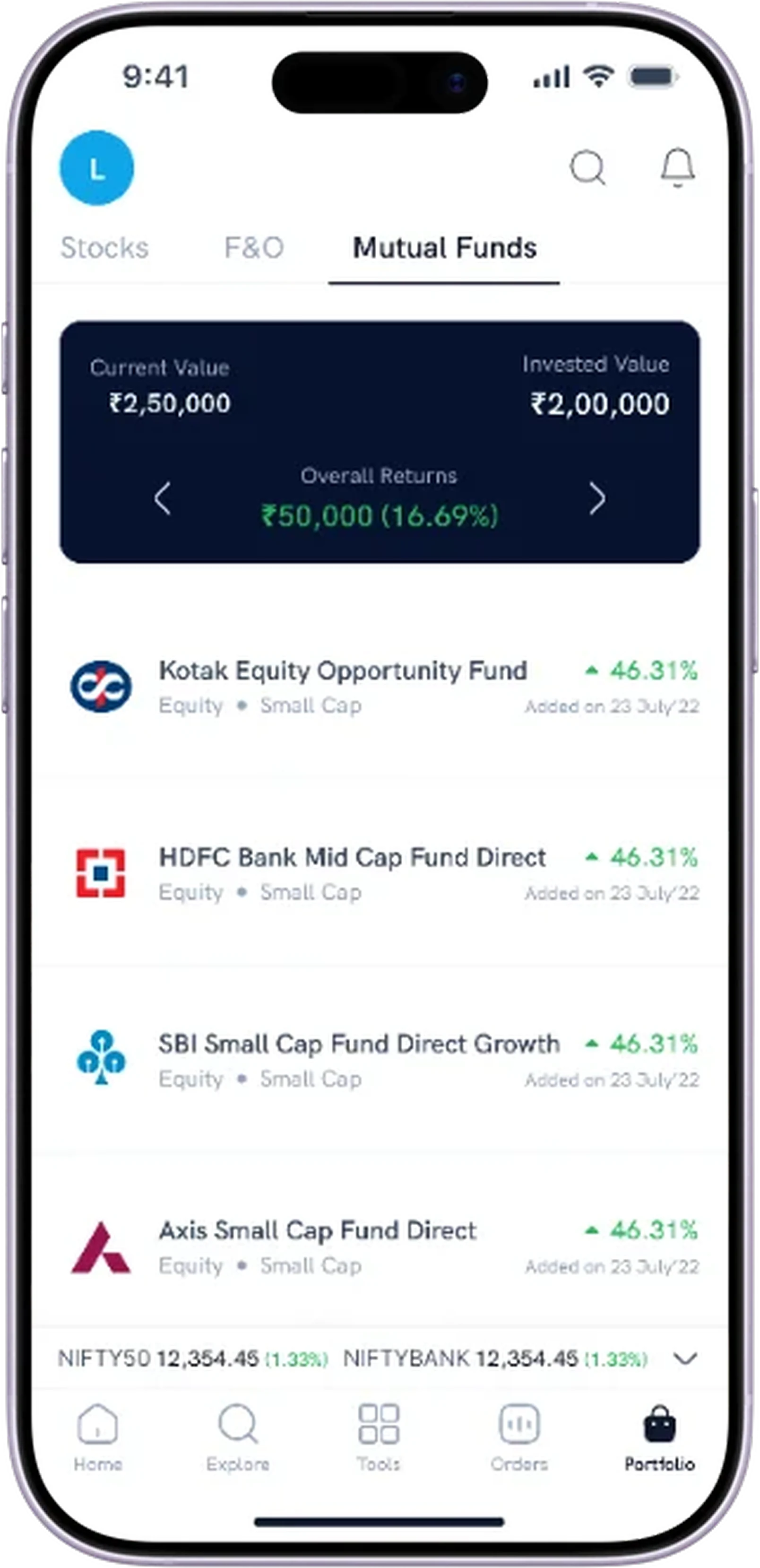 Concept screen, not shipped: Portfolio with Mutual Funds selected in the product layer, its total and holdings