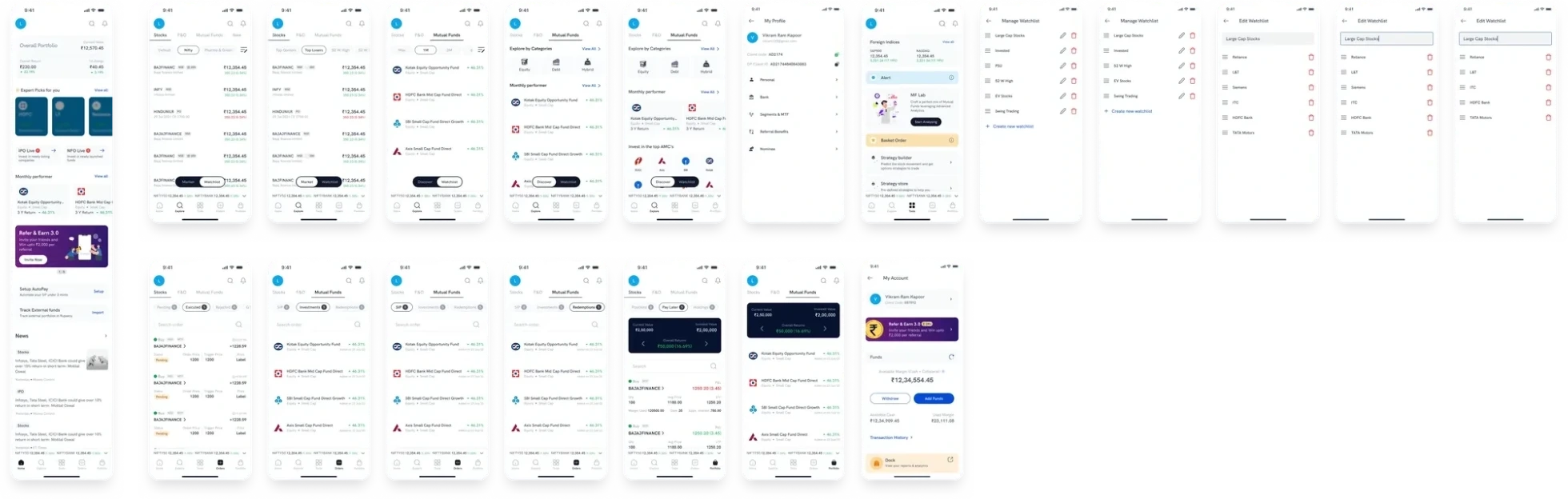 My full concept screen set: Home, Explore and Mutual Funds by product, profile, watchlists, orders, portfolio and account screens
