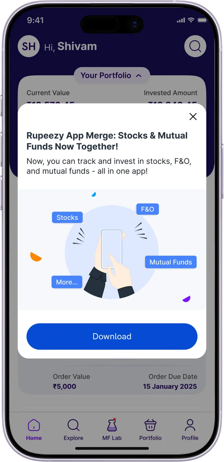 Rupeezy Invest, shipped as the Investeezy app, showing a notice: Rupeezy App Merge, Stocks and Mutual Funds Now Together. The tab bar reads Home, Explore, MF Lab, Portfolio, Profile.