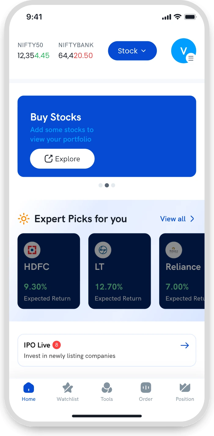 Exploration: the Stock switch as a pill in the top bar, beside the market indices