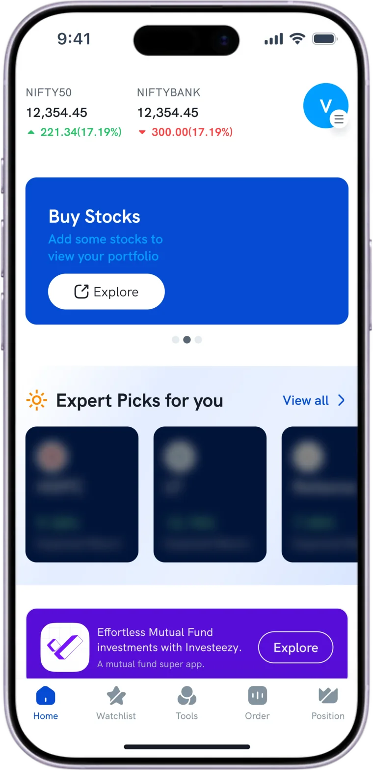 Rupeezy Trade home screen before the merge: market indices, a Buy Stocks card, Expert Picks, and a violet banner advertising the separate mutual fund app. The tab bar reads Home, Watchlist, Tools, Order, Position.