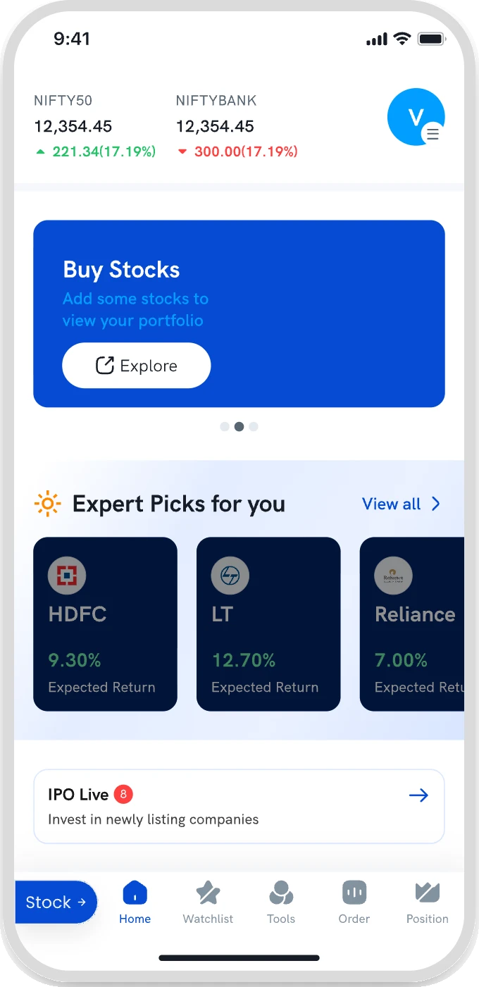 My design for the switch: a Stock button at the left of the bottom navigation, beside Home, Watchlist, Tools, Order and Position