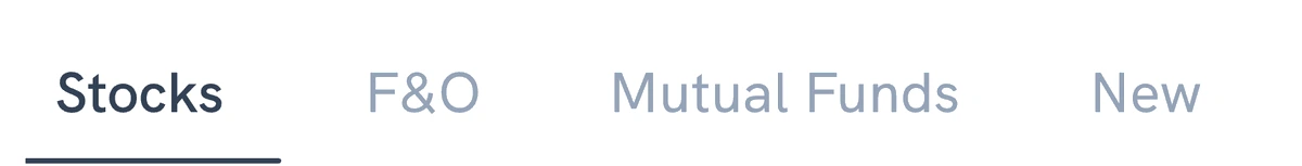 Close-up of the concept’s product row: Stocks, F&O, Mutual Funds and New, with Stocks selected