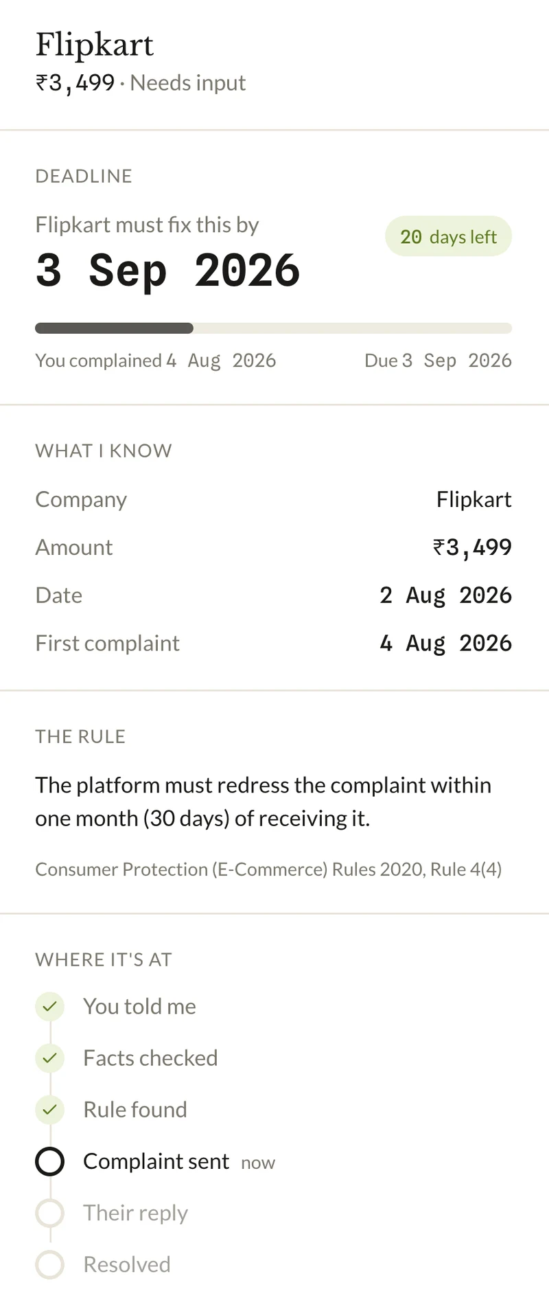 The Getbaq case file for Flipkart, ₹3,499: the deadline, what I know, the rule and where the case is at