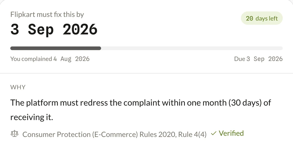 The rule card: Flipkart must fix this by 3 Sep 2026, with the rule and its source, verified