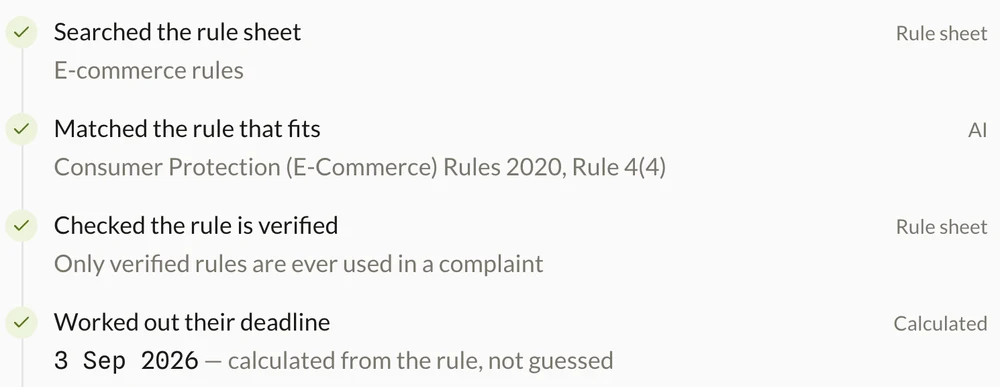 The agent’s trace: searched the rule sheet, matched the rule, checked it is verified, worked out the deadline