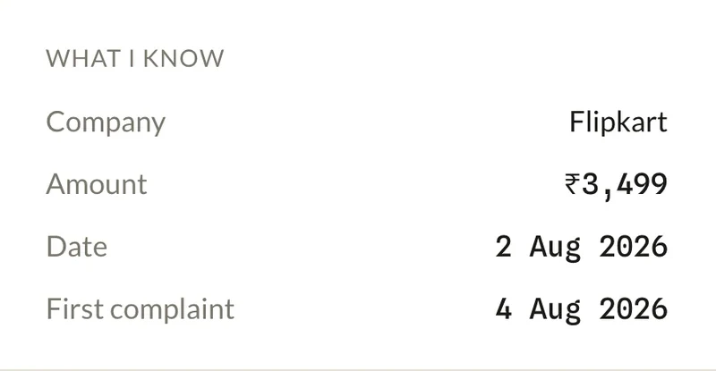 What I know: Flipkart, ₹3,499, 2 Aug 2026, first complaint 4 Aug 2026