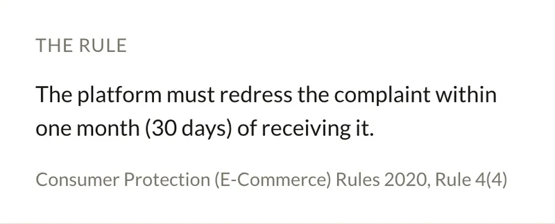 The rule: the platform must redress the complaint within one month, Consumer Protection (E-Commerce) Rules 2020, Rule 4(4)