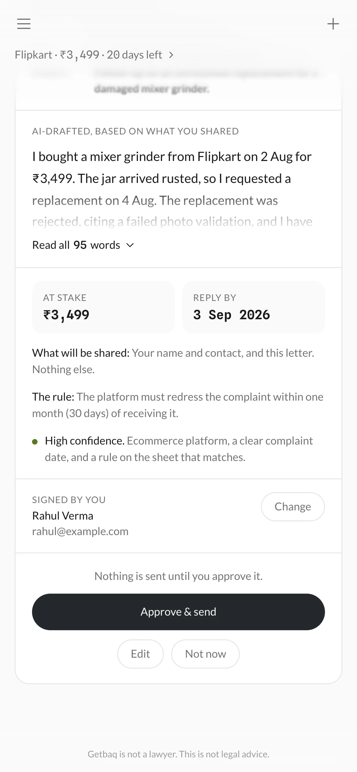 Getbaq on a phone: the complaint to Flipkart, ready for review, with Approve and send