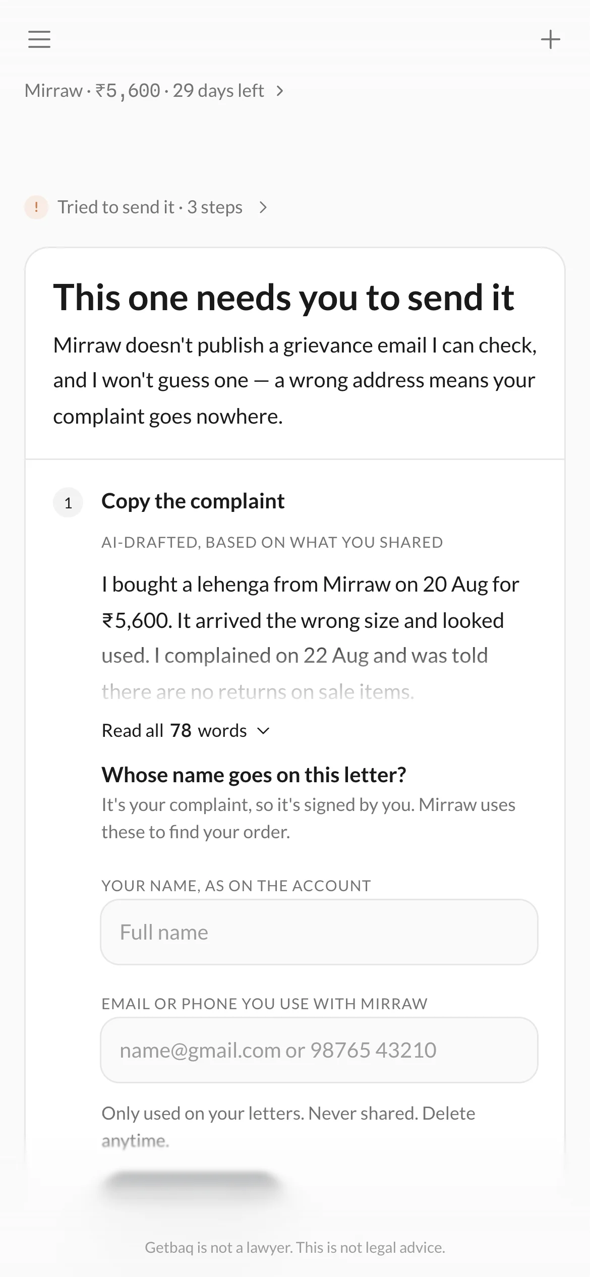 Blocked: this one needs you to send it, with Copy complaint