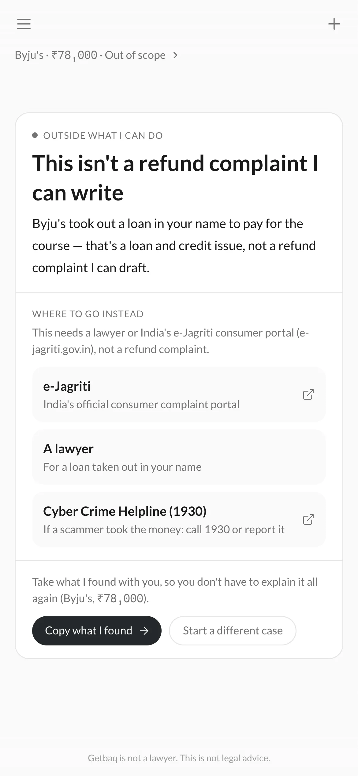 Out of scope: this isn't a refund complaint I can write, with e-Jagriti, a lawyer and Cyber Crime (1930)