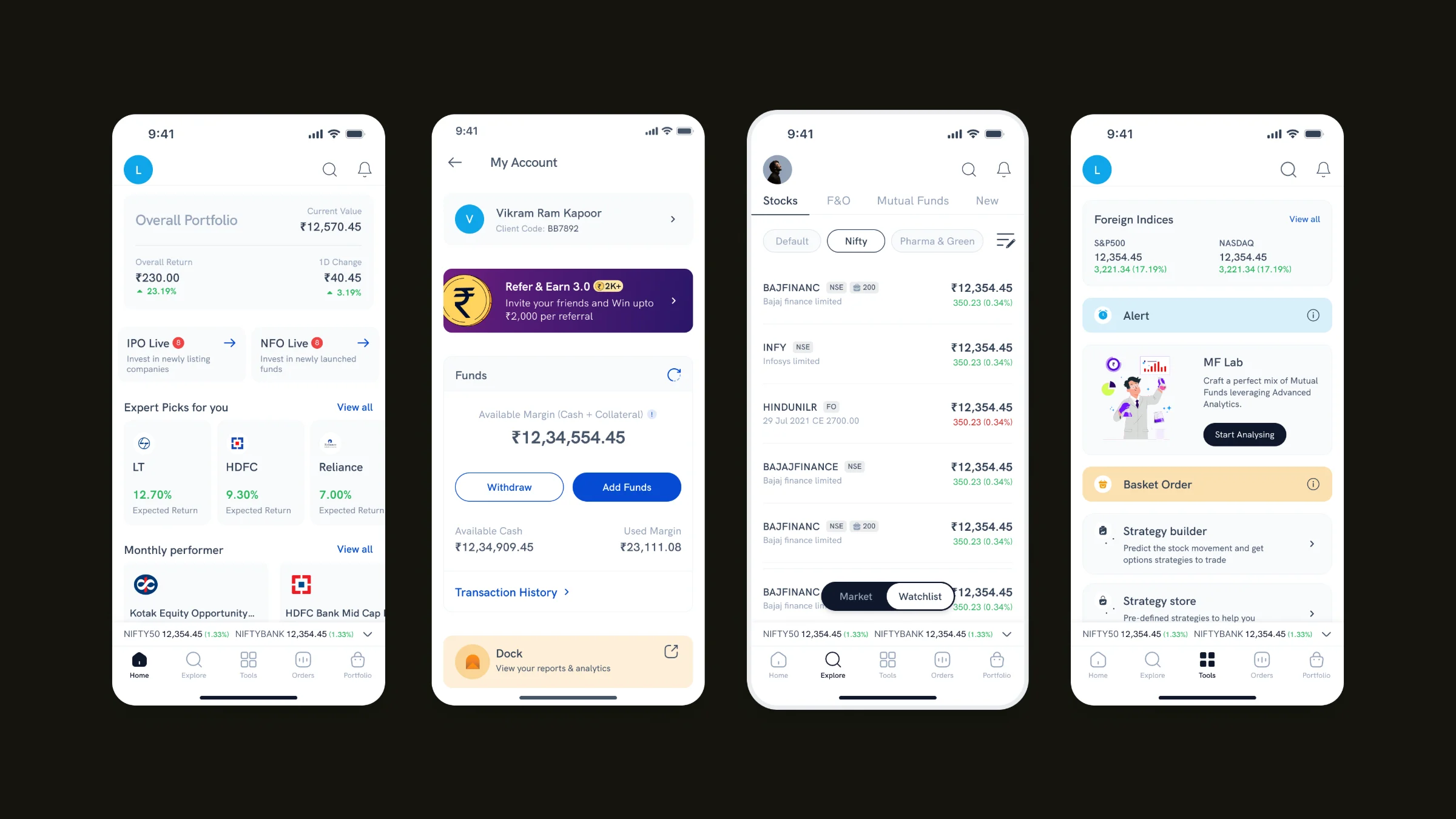 Four screens from the Version 2 concept, which was not shipped: Stocks, F&O and Mutual Funds as product tabs above one shared bottom bar