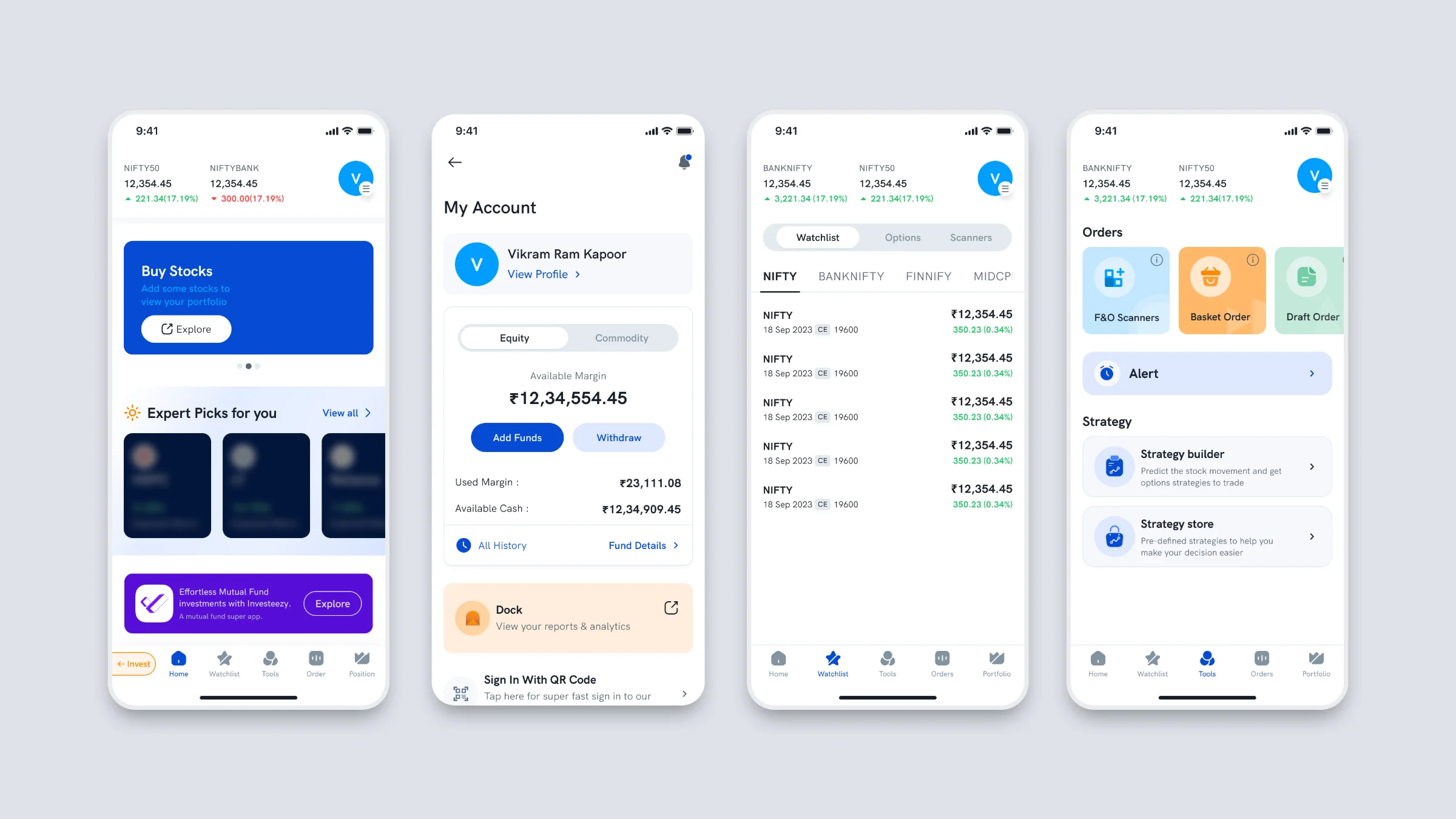 Four screens of Rupeezy Trade before the merge, with mutual funds appearing only as an advert for a separate app