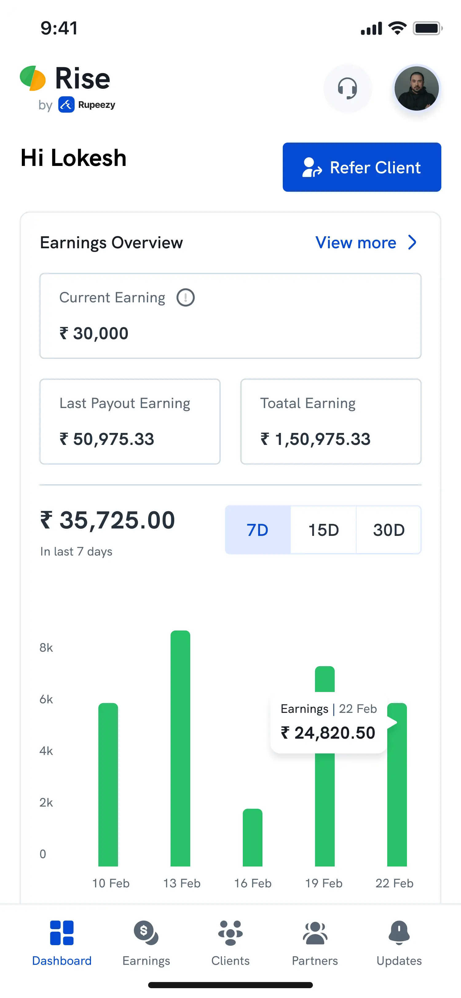 Mobile dashboard: earnings overview and earnings chart