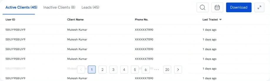 The client list with Active Clients, Inactive Clients and Leads tabs, and phone numbers masked as XXXXXX7890