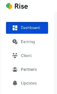The Rise Portal sidebar: Dashboard, Earning, Client, Partners and Updates, with Dashboard selected